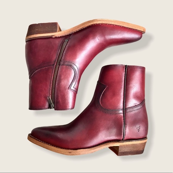 Frye Billy Burgundy Leather Zip Short Ankle Boots - Picture 7 of 16
